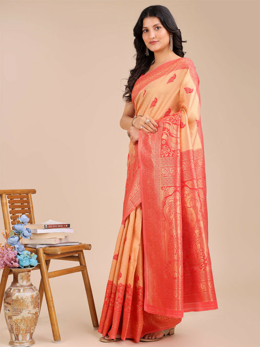 Astita Banarasi Silk Cream & Red Saree | Swadesiicart