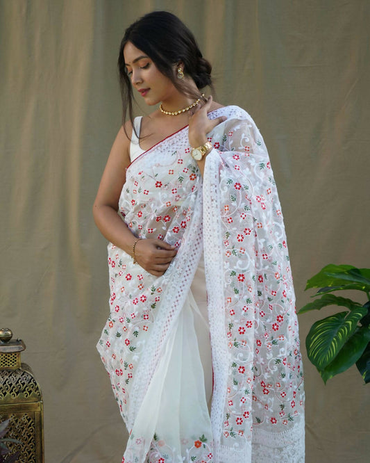 Vamsee White Organza Saree - Swadesiicart