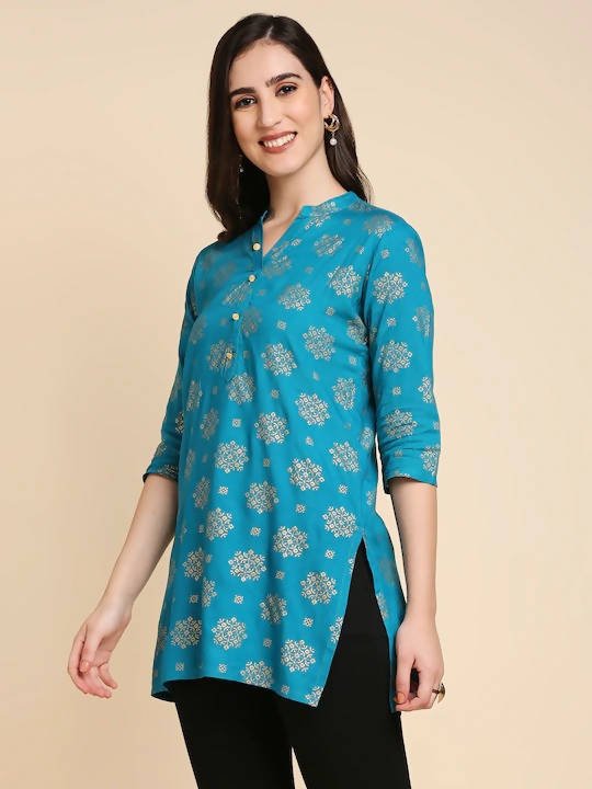 Anubhutee Blue & Golden Printed Kurti | Swadesiicart
