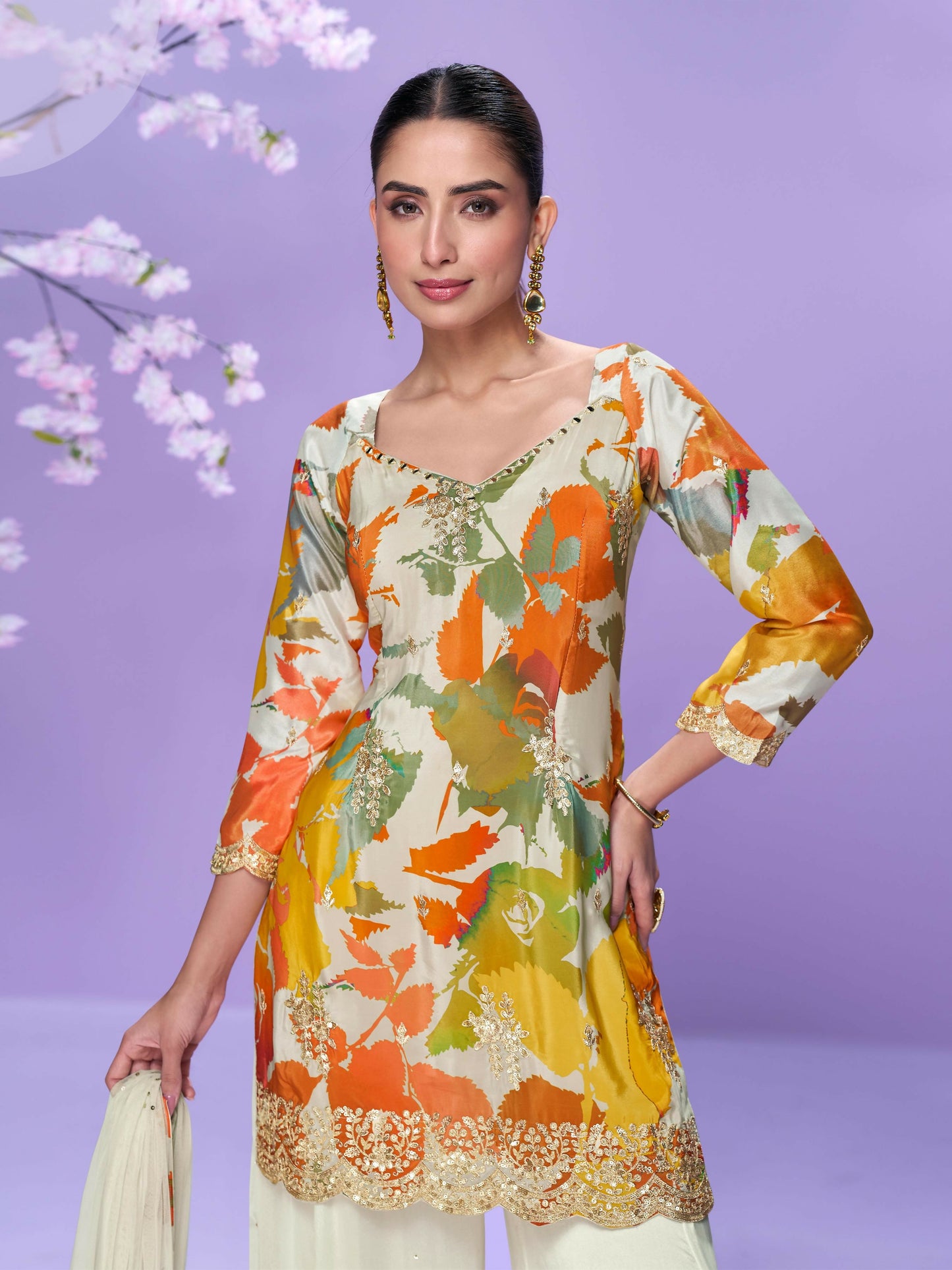 Anaita White Chinon Readymade Palazzo Suit with Digital Embroidery Work