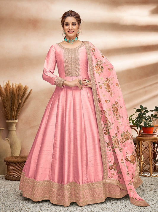 Myra Baby Pink Art Silk Embroidered Anarkali Suit | Swadesiicart