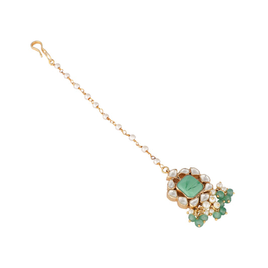 Nuyug 22K Gold-Plated Kundan & Green Stone Embellished Maang Tikka Head Jewellery | Swadesiicart