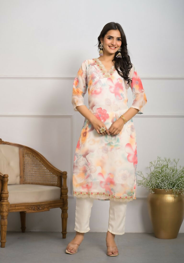 Festive Wear Ethnic Off White Premium Organza Stitched Suit With Dupatta - Tanisha | Swadesiicart
