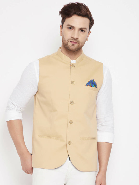 Even Apparels Beige Polyester Men's Nehru Jacket-Contrast Lining-Inbuilt Pocket Square | Swadesiicart