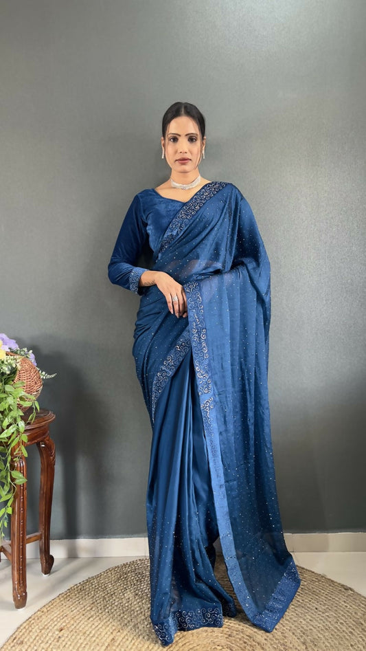 Vastranavya Teal Rangoli Silk Swarovski work Ready to Wear Saree | Swadesiicart