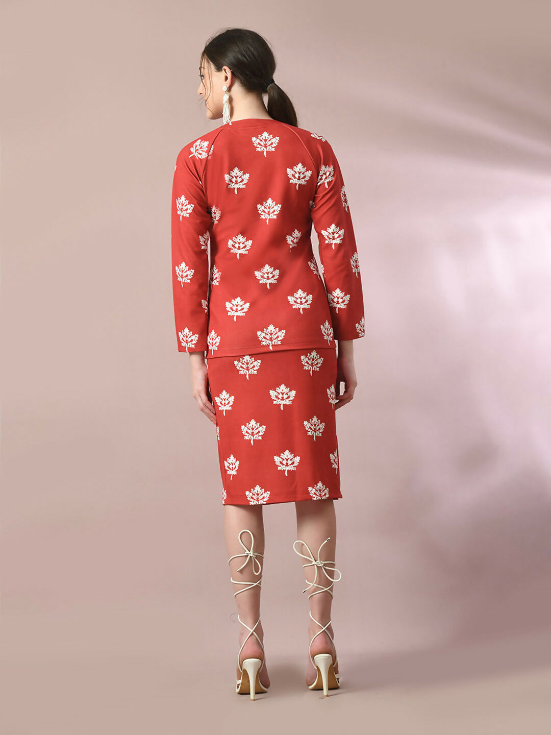 Myshka Women's Rust Printed Round Neck Party Top With Skirt Co-ord set - Swadesiicart