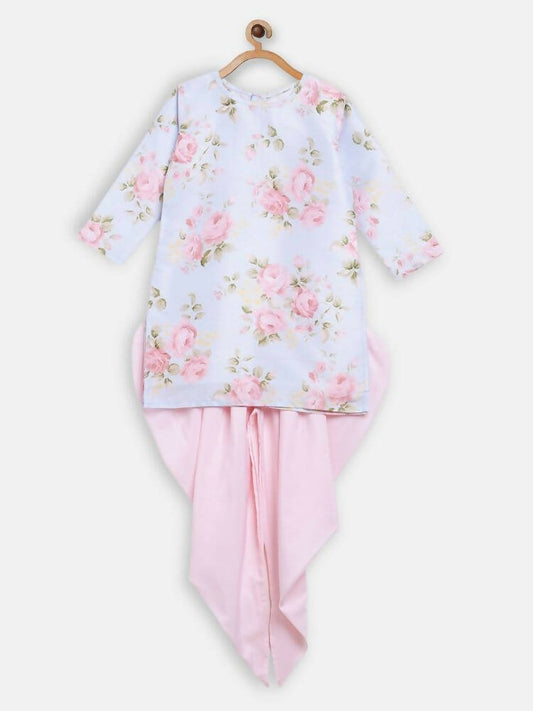 Ahalyaa Pink Polysilk Floral Printed Kids Kurta Dhoti Set For Girls | Swadesiicart