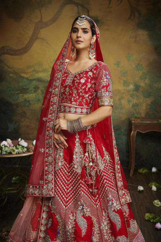 House of Panchhi Red Pure Silk Moti & Zarkan heavy embroidery Lehenga choli & Dupatta | Swadesiicart