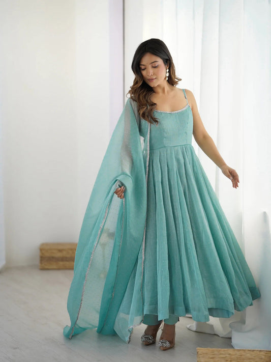 Lorenvalley Teal Crunchy Silk Fabric with Siroski Work Anarkali Pant With Dupatta Set - Swadesiicart