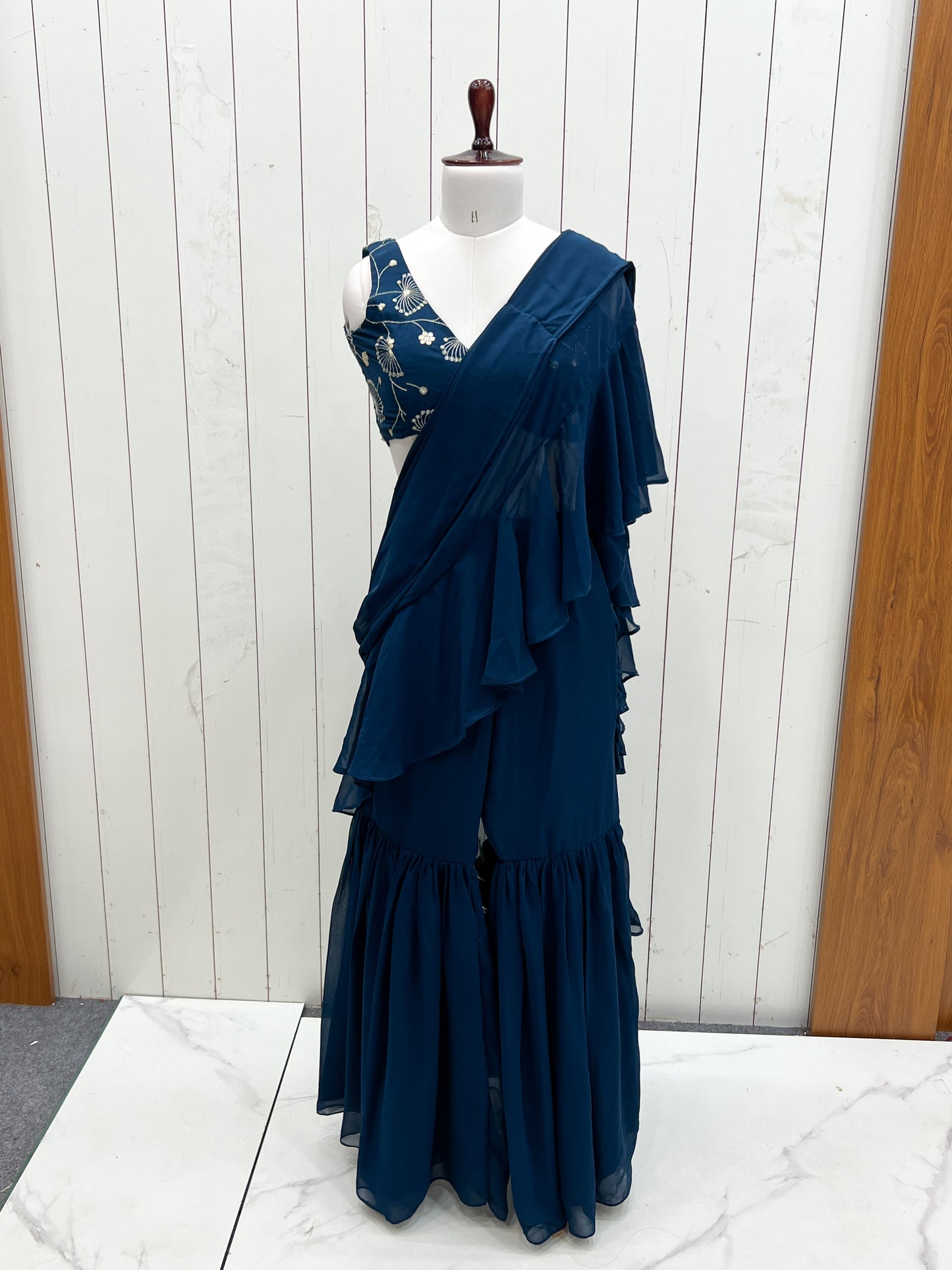 Lorenvalley Teal Faux Georgette Ready To Wear Sharara Saree with Full Stitched Blouse - Swadesiicart
