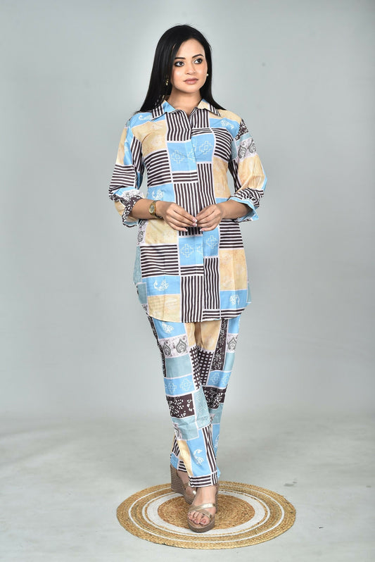 Morchari Digital Print Semi Muslin Co-Ord Set Top & Trouser-Multicolor - Swadesiicart