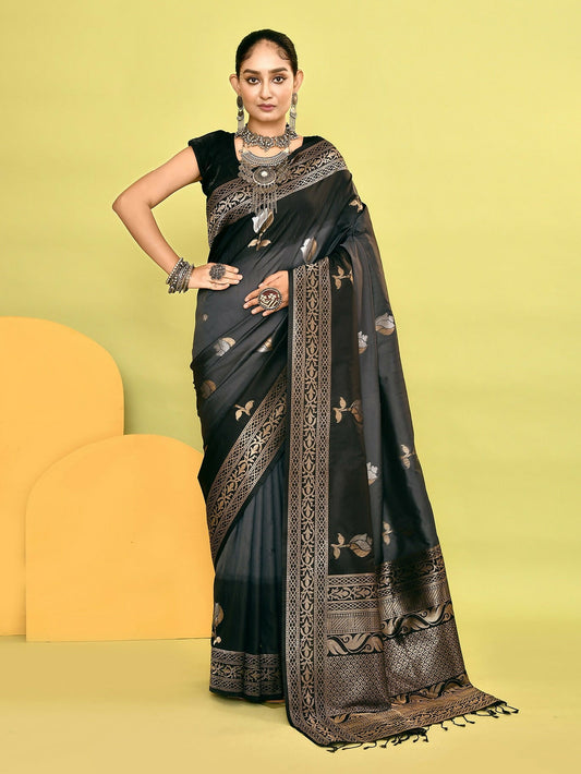 Joban Fashion Grey & Black Plain With Weaving Border Banarasi Silk Sarees | Swadesiicart