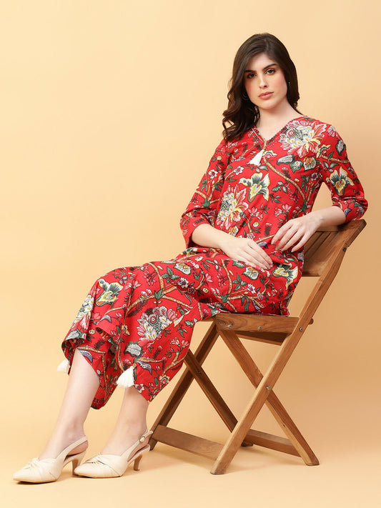 Joban Fashion Red Cotton Printed & Hand Work Co-ord Set - Swadesiicart