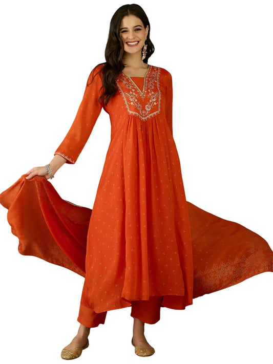 The52 Orange Women's Gorgeous Embroidered Chinon Fabric Flared Kurta Pant and Dupatta Set - Swadesiicart