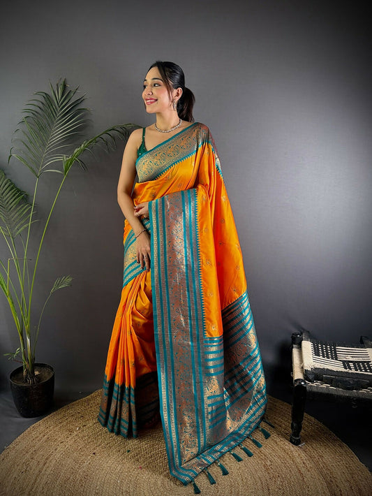 Joban Fashion Banarasi Orange Woven Soft Silk Saree | Swadesiicart