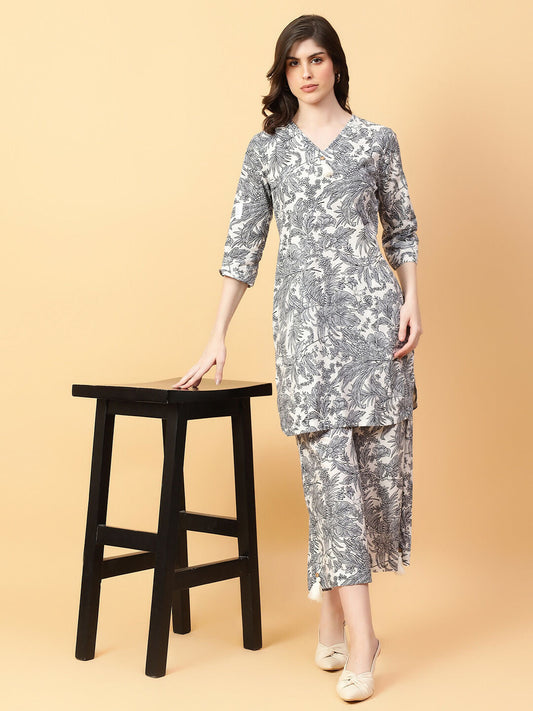 Joban Fashion Grey Cotton Printed & Hand Work Co-ord Set - Swadesiicart