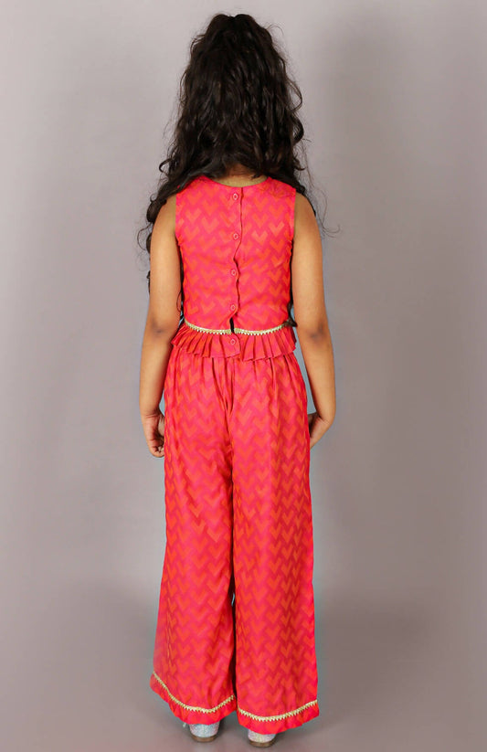 Lil Drama Folklore Girls Pink Crop Top With Pants Co-Ordinate Set - Swadesiicart