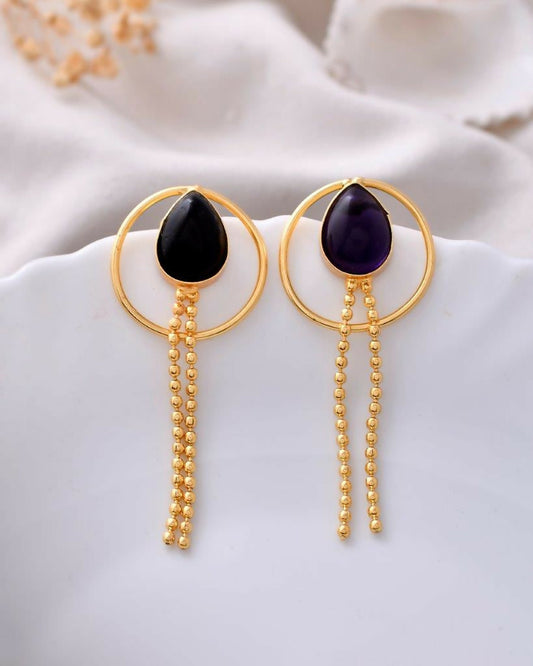 VOJ One Gram Gold-Polished Drop Shaped Black Stone Studded Earrings - VOJ (Valley Of Jewellery)