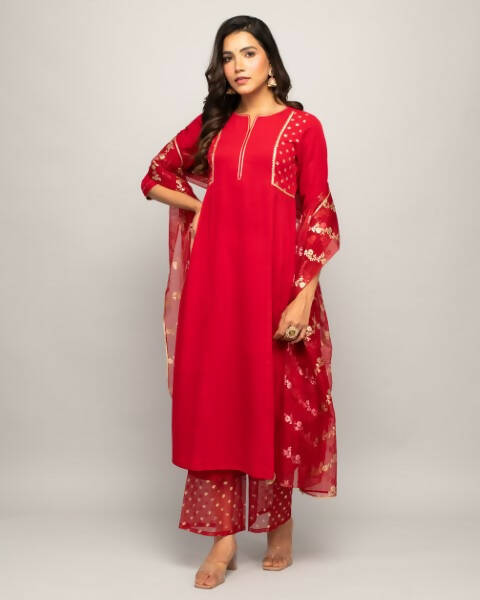 FIORRA Women's Red Creap A-Line Kurta Palazzo Set With Dupatta - Swadesiicart