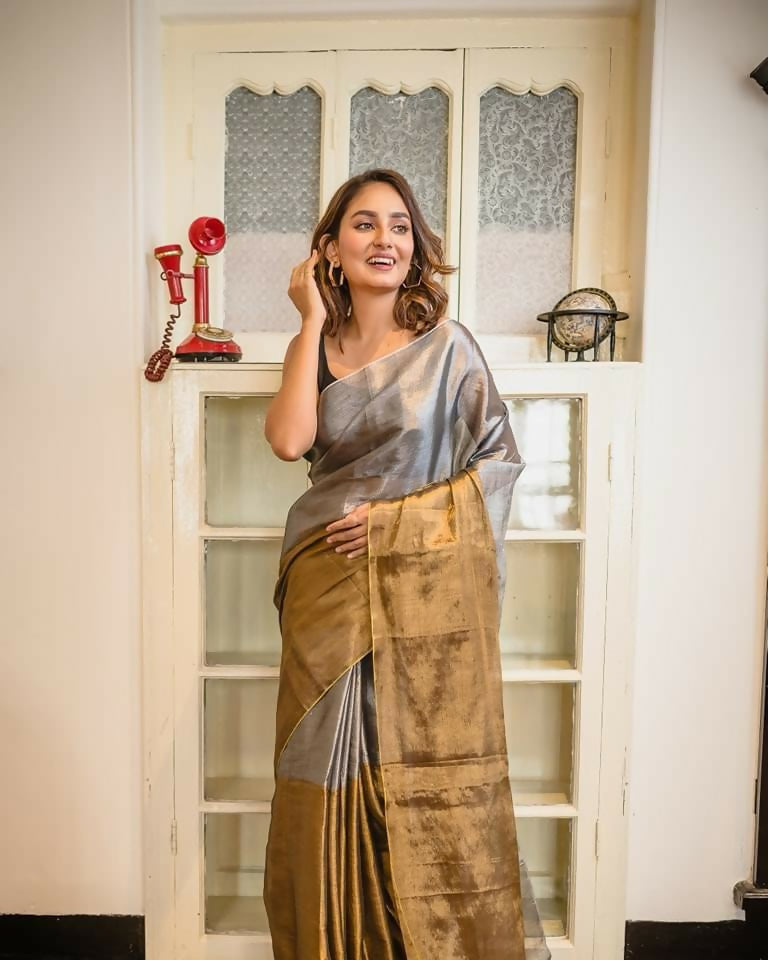 Exclusive Collection Beautiful Gray Copper Tissue Silk Hand Weaving Handloom Saree With Running Blouse Piece - Swadesiicart