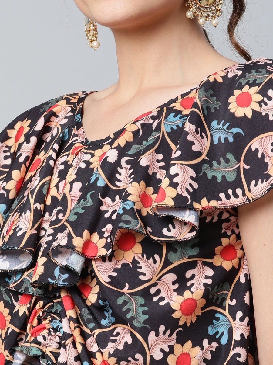 Ahalyaa Women Black Crepe Digital Print Top with Palazzo Set | Swadesiicart