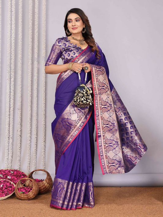 Joban Fashion Purple Woven Banarasi Silk Sarees | Swadesiicart