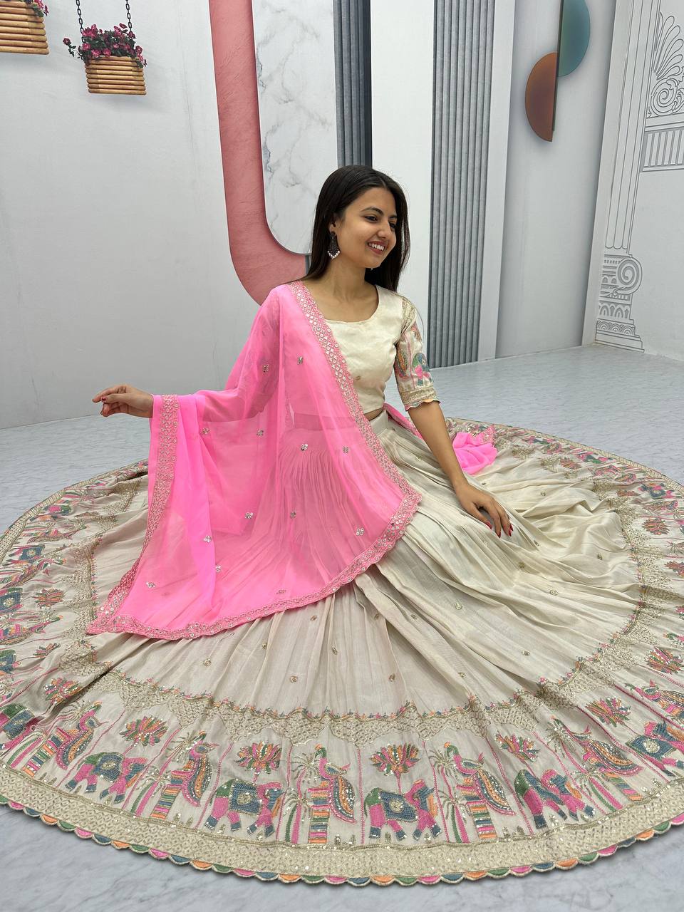 Teeya Creation Cream Color Banarasi Silk Heavy Embroidery Work Fully Stitched Lehenga Choli | Swadesiicart