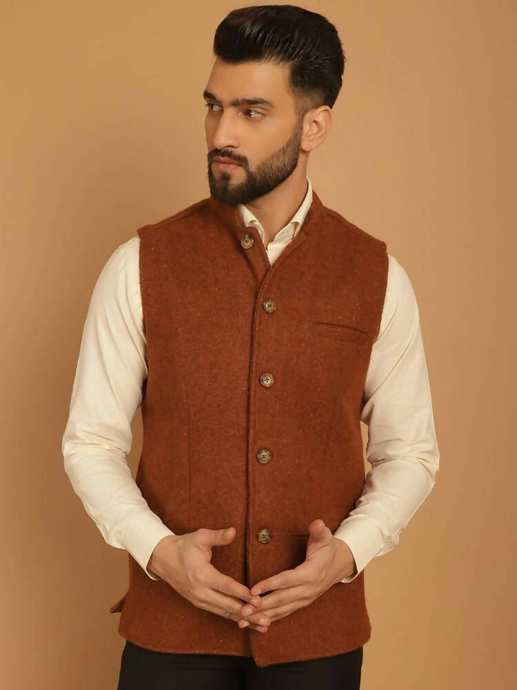 Even Apparels Pure Wool Nehru Jacket - Brown | Swadesiicart