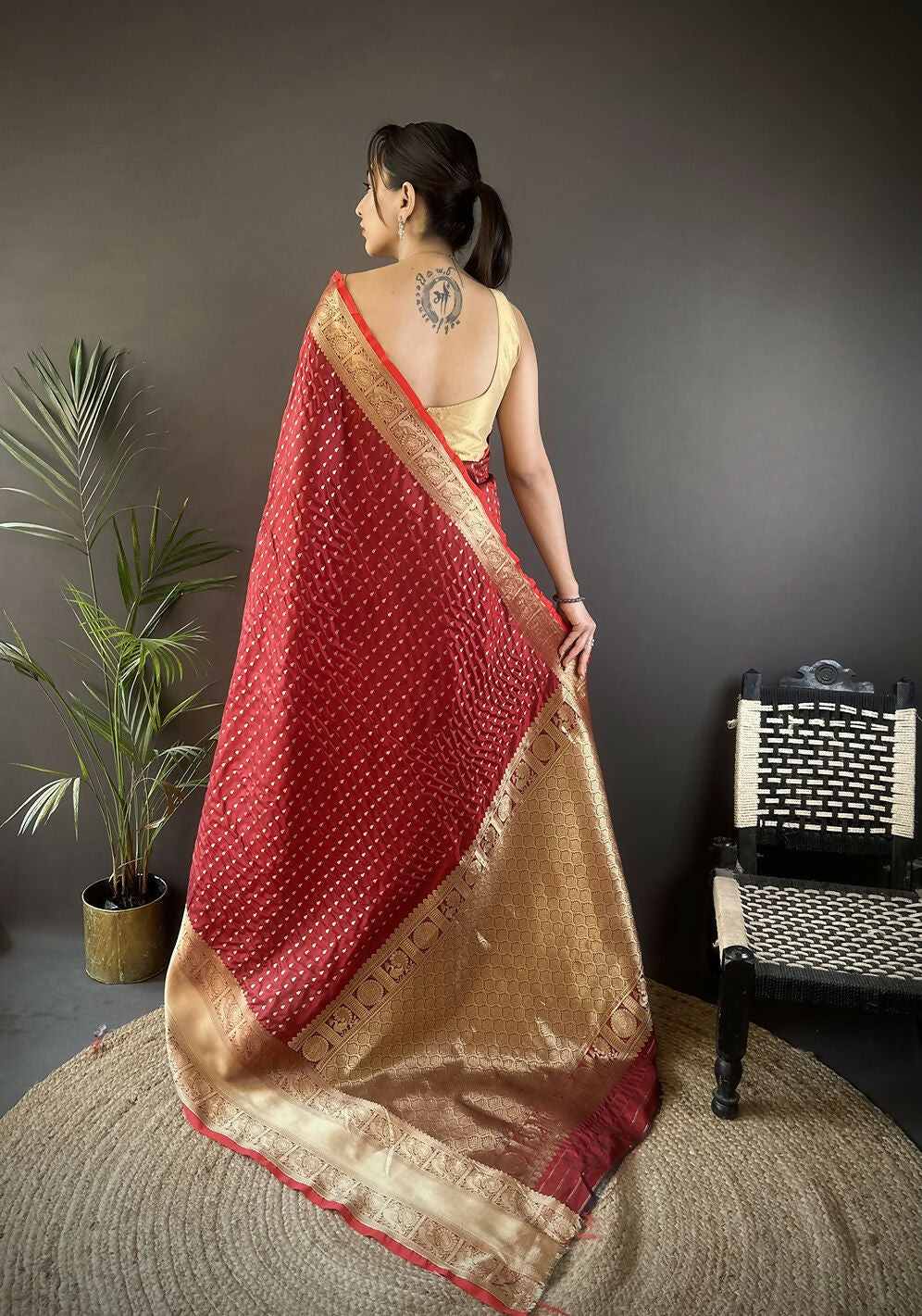 Joban Fashion Brick Red Small Butti Banarasi Silk Sarees | Swadesiicart