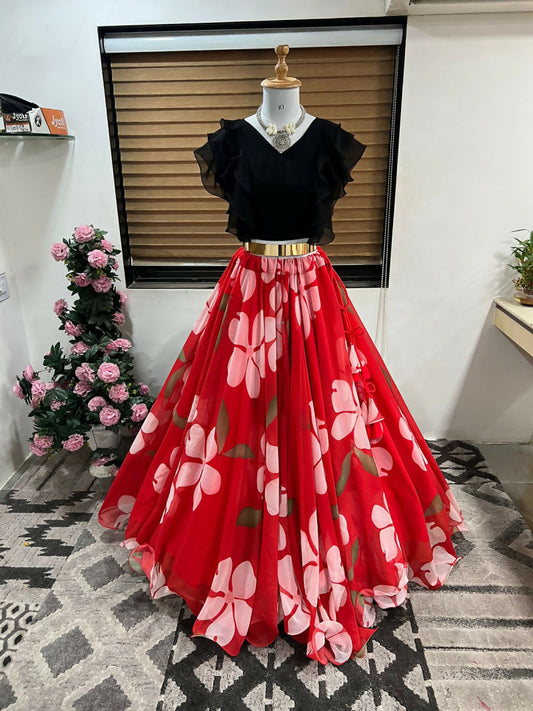 Dishitha Creation Floral Printed Stitched Lehenga & Crop Top - Black & Red | Swadesiicart