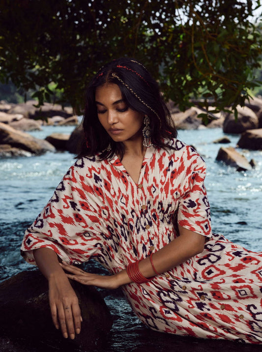 trueBrowns Carrot Cotton Ikat Dress | Swadesiicart
