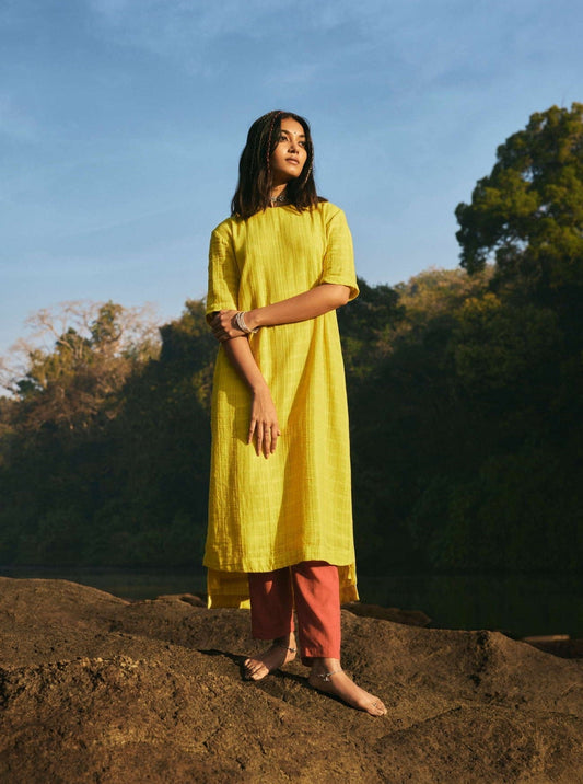 trueBrowns Lime Cotton Dobby Kurta Pant Set | Swadesiicart