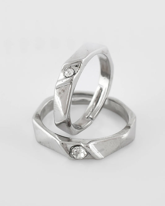 VOJ Stainless Steel Cubic Zirconia Silver Plated Adjustable Ring Set for Couple | Swadesiicart