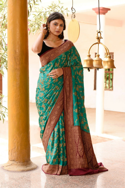 Joban Fashion Teal Green Crepe Chiffon Pure Handloom Banarasi Silk Saree | Swadesiicart