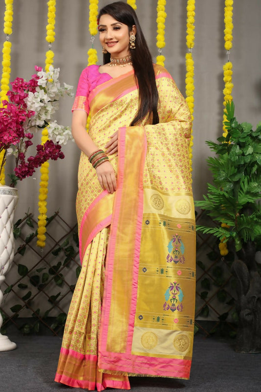 Jyoti Fashion Women's Cream Banarasi Silk Zari Woven Saree with Blouse | Swadesiicart