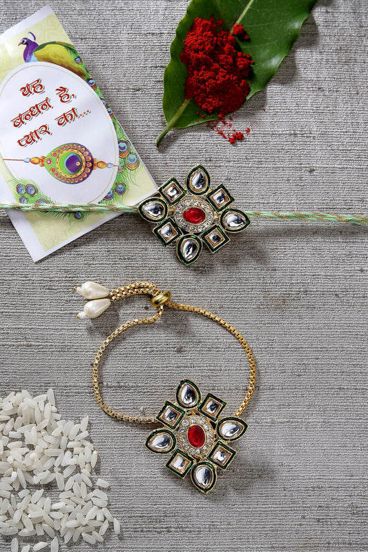 NVR Women & Men Set of 2 Gold Kundan-Studded Handcrafted Wraparound Rakhi Set With Roli Chawal & Chocolate | Swadesiicart