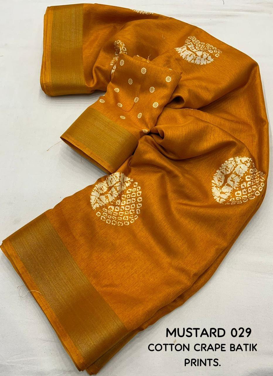 Mustard Cotton Crepe Batik Print Saree with Unstitched Blouse - Hiral Fashion | Swadesiicart