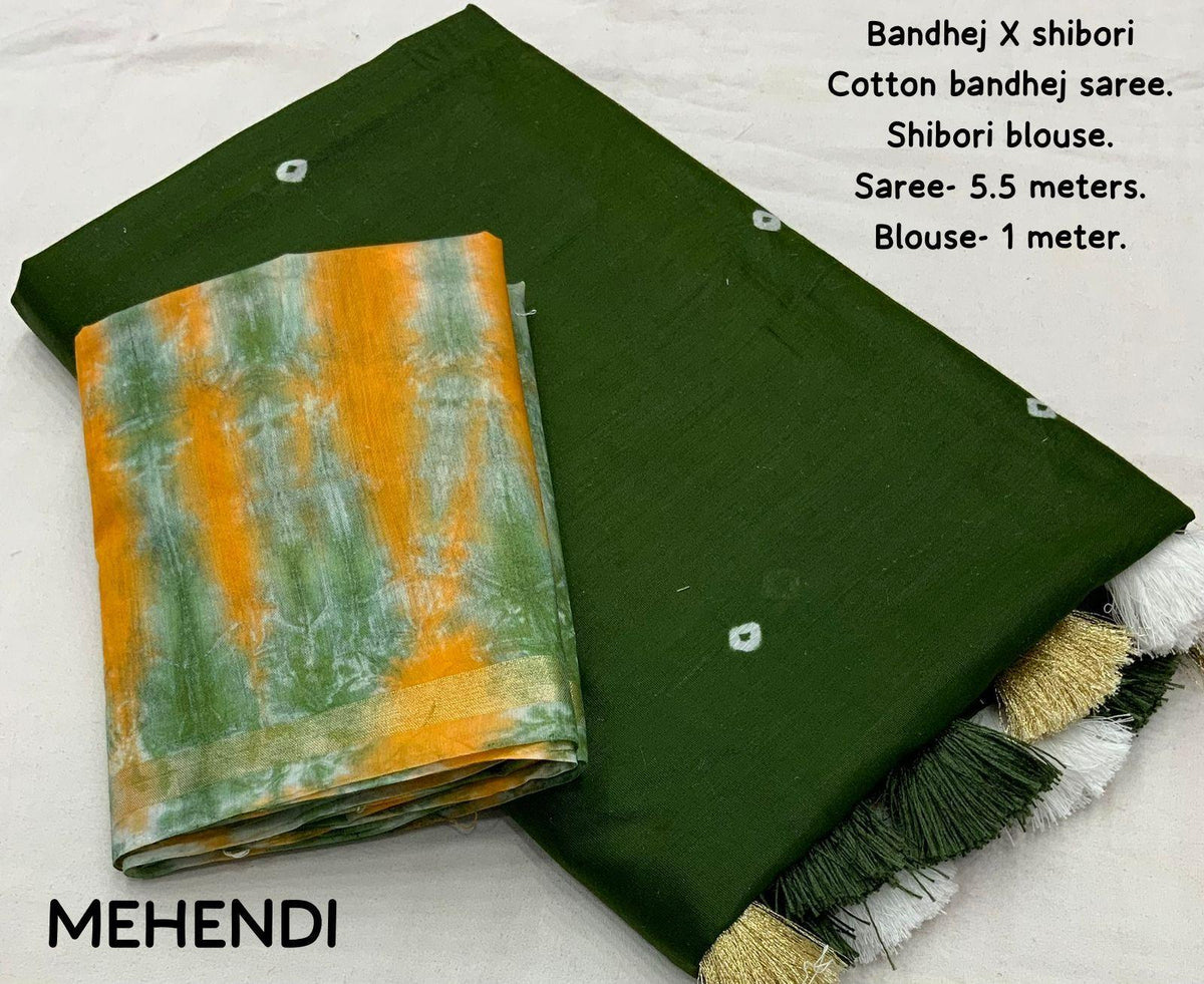 Mehndi Chanderi Cotton Block Print Swadesiicart with Unstitched Blouse - Hiral Fashion