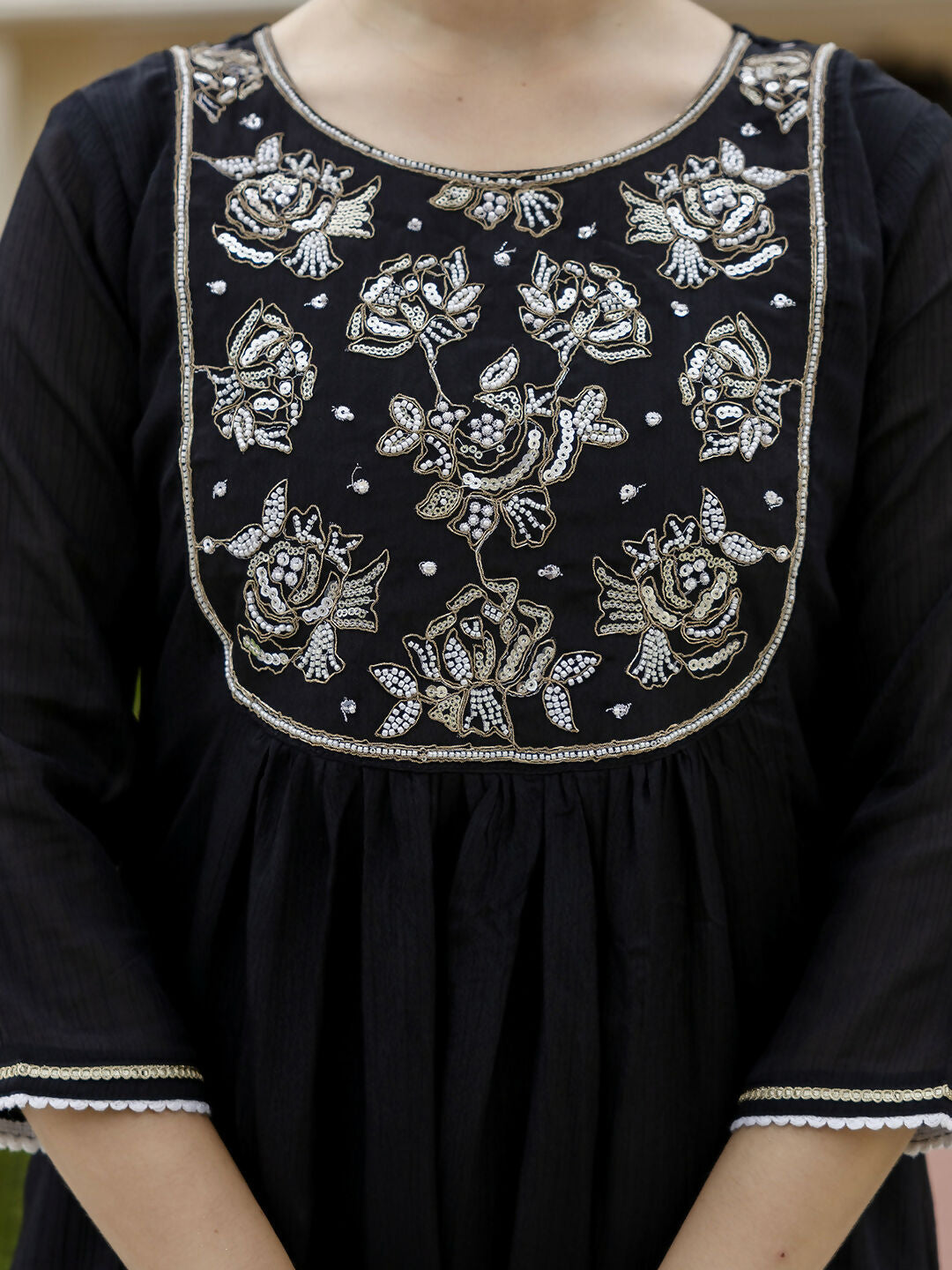 The52 Black Women's Beautiful Embroidered work Chinon Fabric with Flared Kurta, Pant and Dupatta Set - Swadesiicart