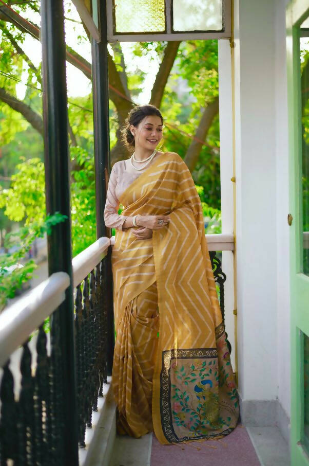 Vishnu Weaves Women's Yellow Soft Tussar Silk Digital Printed Saree with Unstitched Blouse - Swadesiicart
