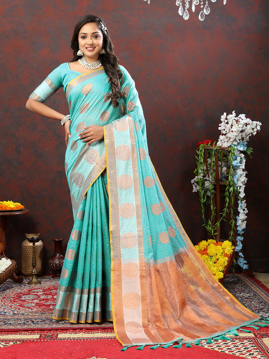 Lorenvalley Fashion Skyblue Cotton with Woven Design Zari Weaving Saree - Swadesiicart