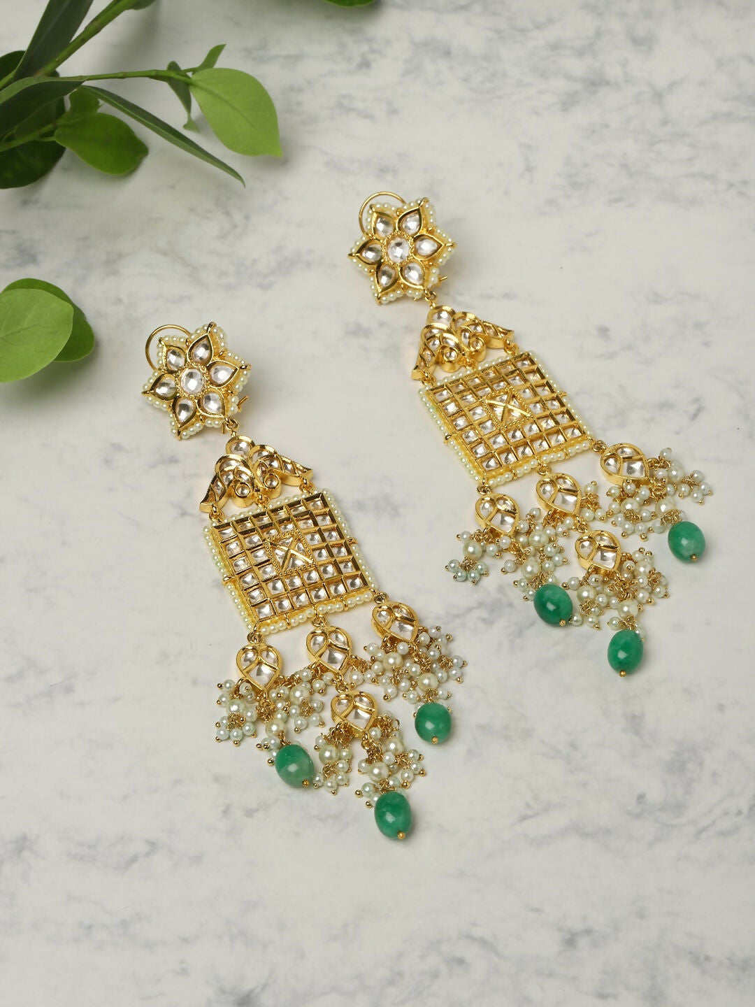 Long Kundan Earrings with Green Stone- Ruby Raang | Swadesiicart