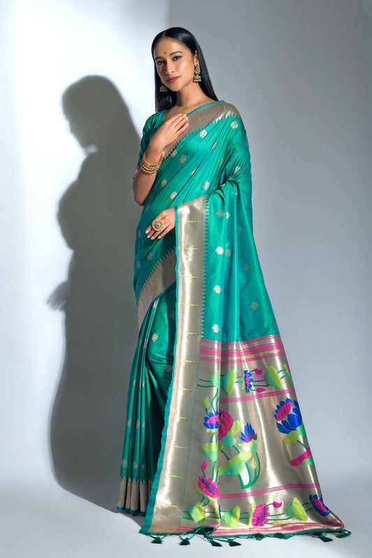 Vishnu Weaves Women's Teal Paithani Silk Zari Woven Saree with Unstitched Blouse - Swadesiicart