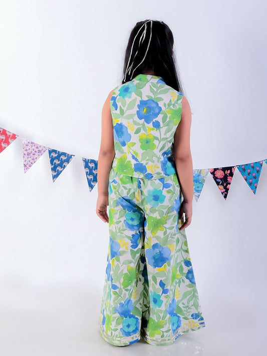 Lil Drama Jaipur Print Stylish Top with Pant Co-ordinate Set for Girls - Green - Swadesiicart