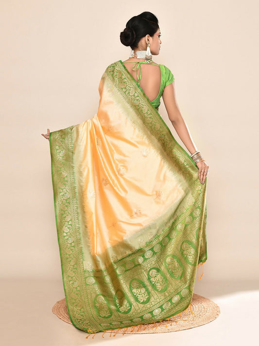 Joban Fashion Light Yellow & Parrot Green Plain With Weaving Border Banarasi Silk Sarees | Swadesiicart