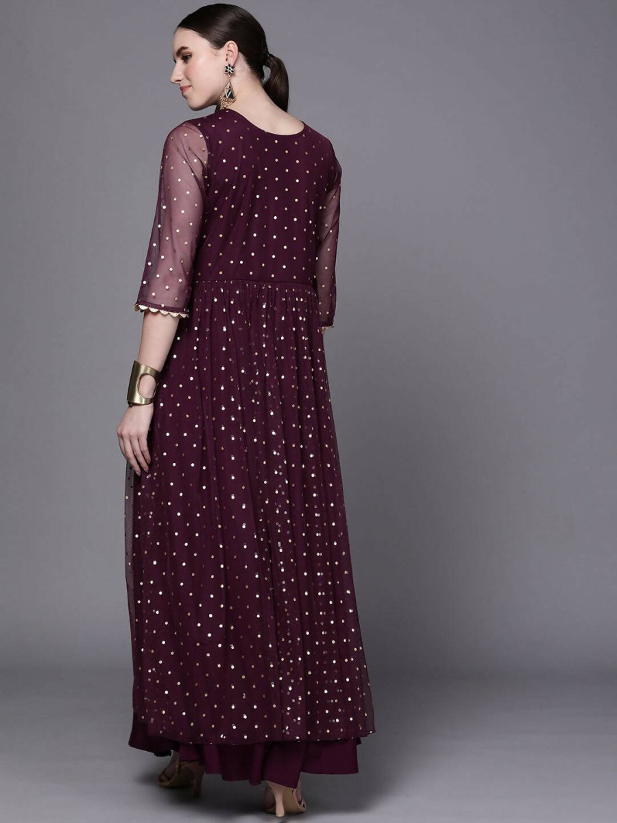 Ahalyaa Women Burgundy Polka Dots Fit & Flare Maxi Ethnic Dress | Swadesiicart