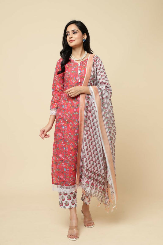 Designer Stylish Red Cotton Blend Stitched Suit With Dupatta - Tanisha | Swadesiicart