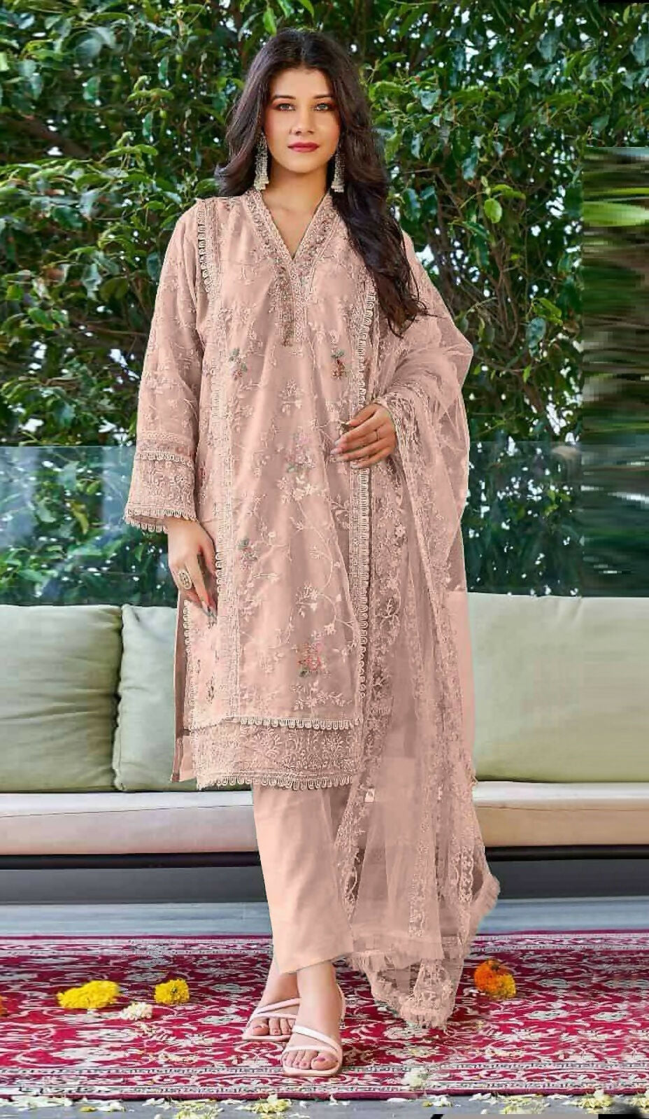 Anaita Peach Embroidered Organza Stitched Salwar Suit