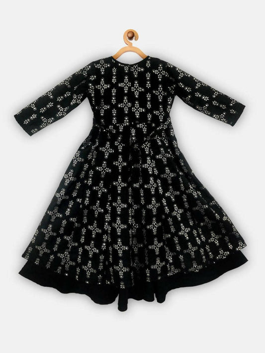 Ahalyaa Black Chanderi Gold Foil Printed Kids Dress For Girls | Swadesiicart