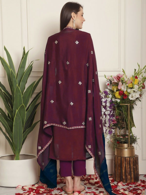 Jyoti Fashion Women's Magenta Chinon Chiffon Embroidered Designer Straight Suit Set | Swadesiicart